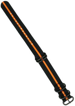 Pasek do zegarka NATO 013 w czarno-pomarańczowym kolorze. Długość 260 mm, szerokość 20 mm, stalowa sprzączka w czarnym kolorze. Idealny do zegarków casualowych i sportowych.2.jpg